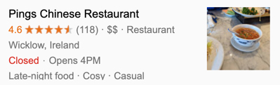 Pings Chinese Restaurant Google Review